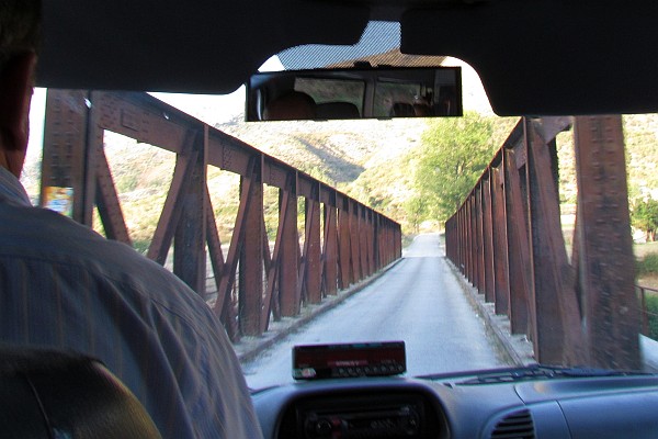 our van crossing a narrow metal girder bridge