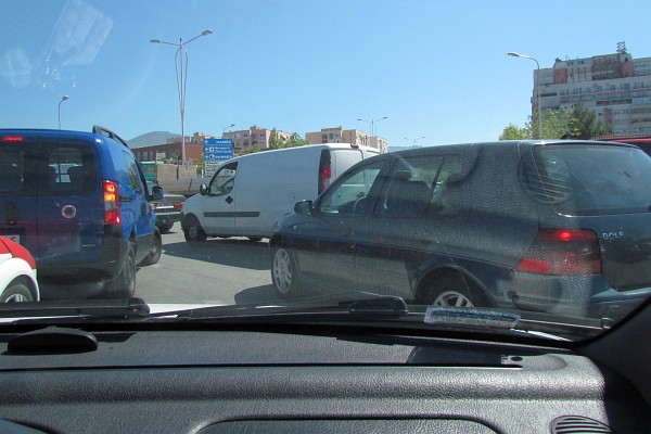 Saturday traffic at Tirana roundabout
