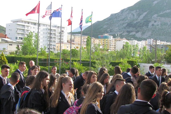 students line up for the opening of school