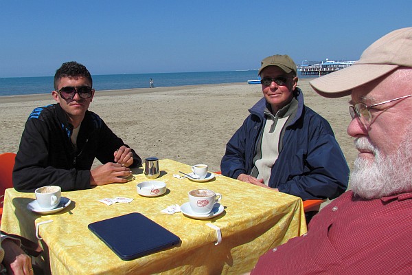 having our coffee on the beach midway to Lushnje