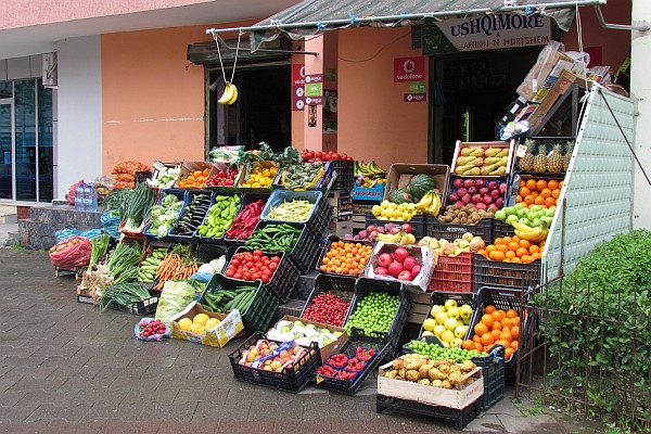 colorful green grocer shop dispaly