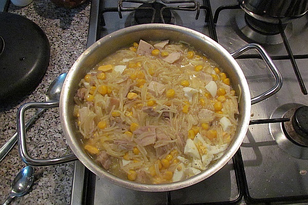 chicken corn noolde soup with hard-boiled eggs