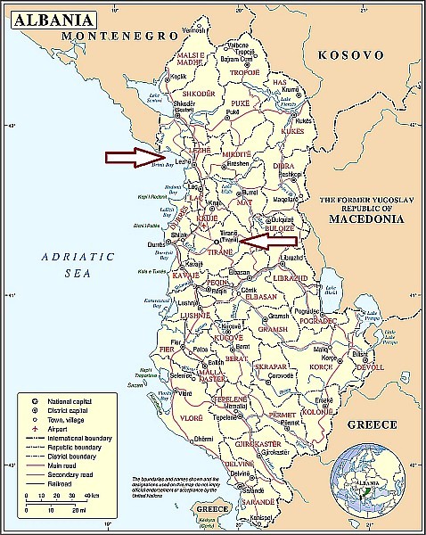map of Albania with Lezhe and Tirana noted