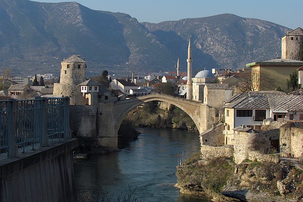 lookng up the river to the old city in Mostar, Bosnia-Herzegovina
