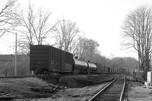 B&W version of NS train near R. S. Monger, Harrisonburg, VA (III)
