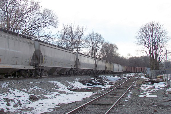 train of covered gondola cars and boxcars