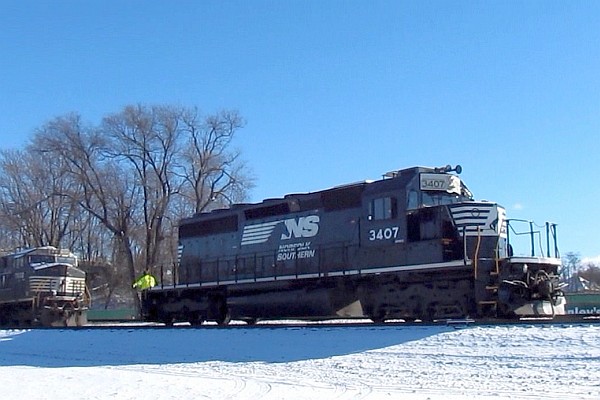NS 3407 hitching up to NS 7602 and grain and box cars