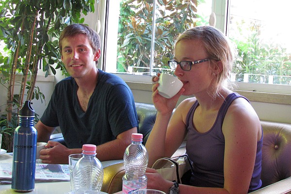 Josh Kirkman and Katrina Schmid at coffee with the rest expatriates