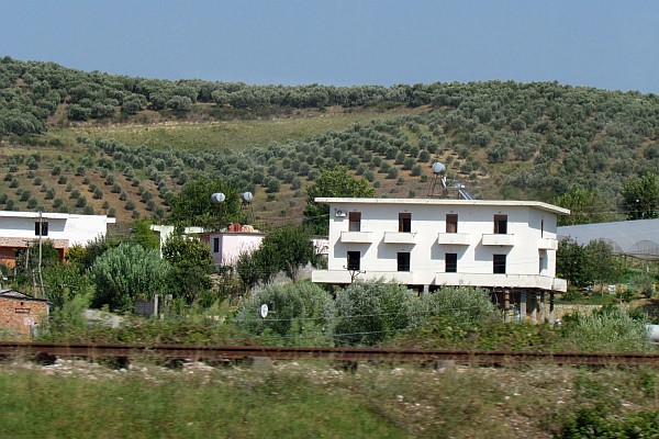 railroad track, houses, and olive trees in central Albania