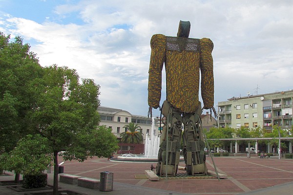 a military-inspired transformer statue