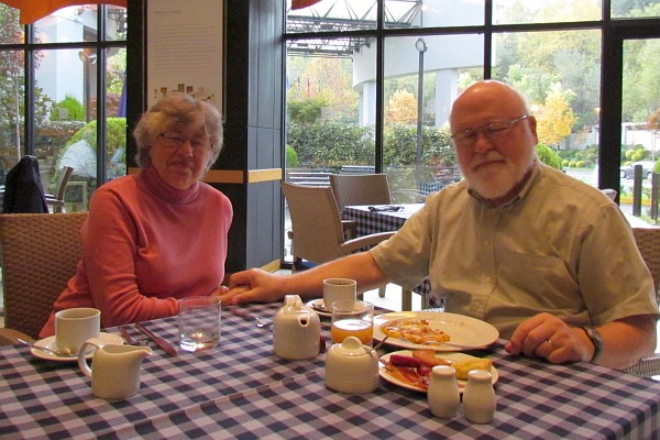 Elsie ansd I eating breakfaast at the hotel