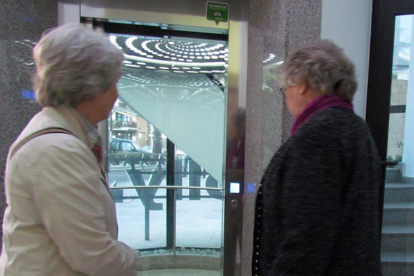 glassed in elevator in the Jolly tower
