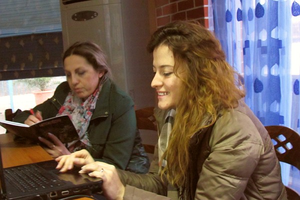 Edona and Ina at work in the teachers' room