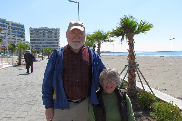 Elsie and I resting along the promenade at Shëngjin 