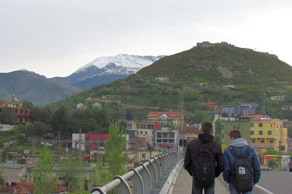 from the bridge over the train tracks looking east to the mountains in Lezhe