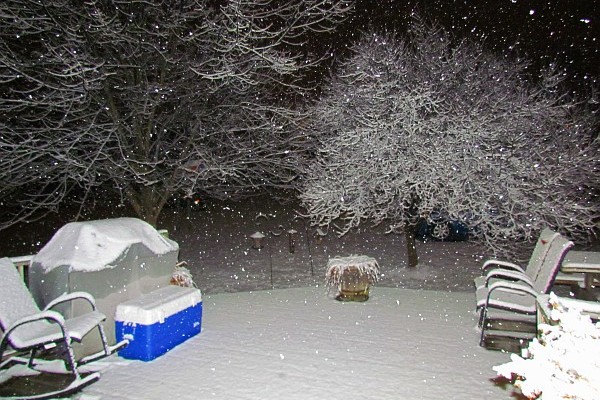 nighttime snow falling