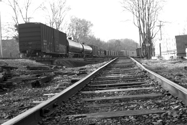 B&W versin of NS train near R. S. Monger, Harrisonburg, VA (I)