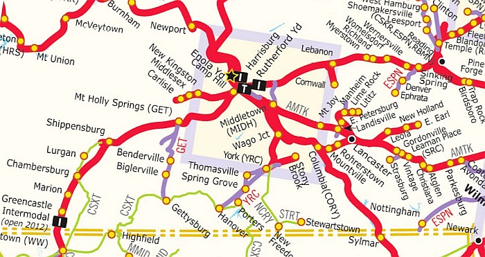 railroad map for Harrisburg, PA, to Lancaster area
