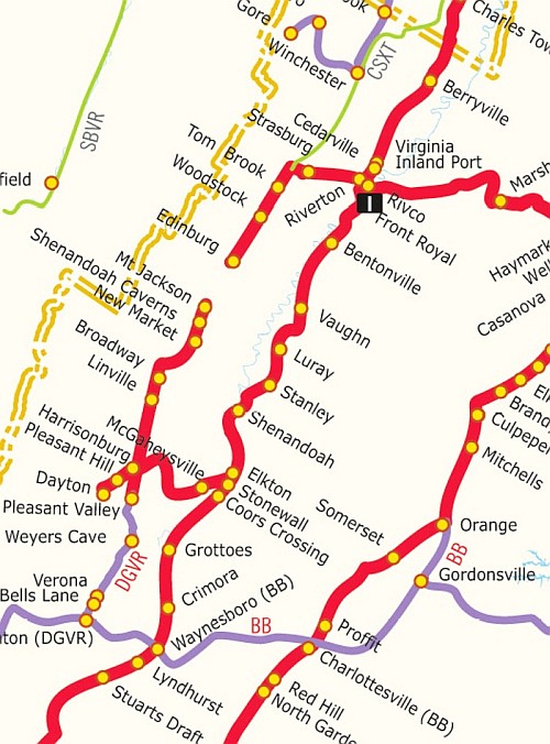 railroad map of Harrisonburg, VA, and north